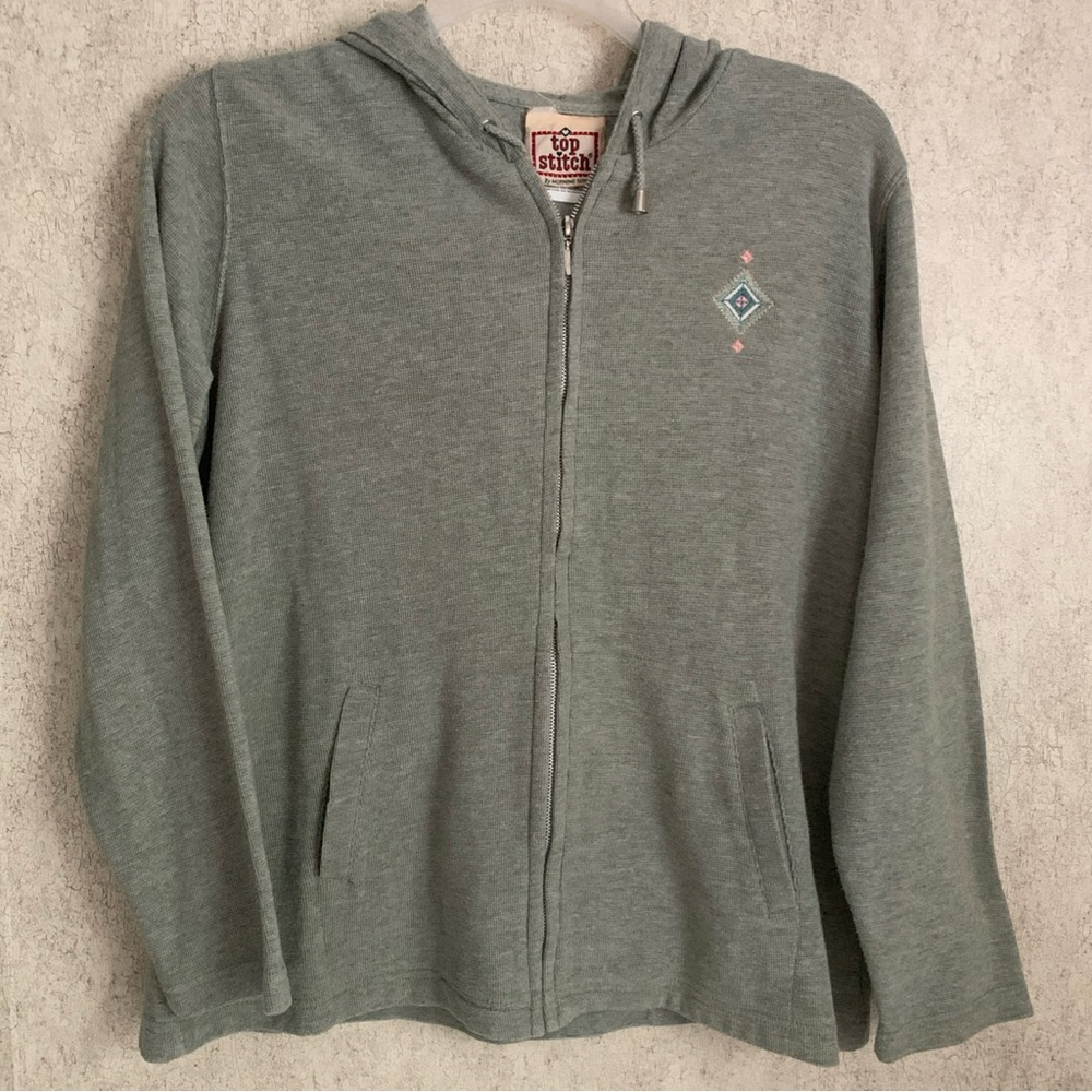 Vintage Top Stitch Jacket Full Zip Hoodie Embroidered Pale Green Women's Large
